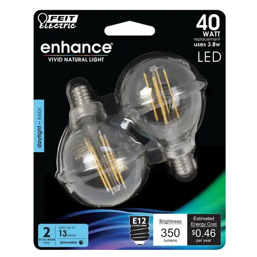 LED Light Bulb, Globe, G16 Lamp, E12 Lamp Base, Dimmable, 5000 K Color Temp - Pair Clear - 2 per pack x6 packs LED Light Bulb, Globe, G16 Lamp, E12 Lamp Base, Dimmable, 5000 K Color Temp - Pair Clear - 2 per pack x6 packs
