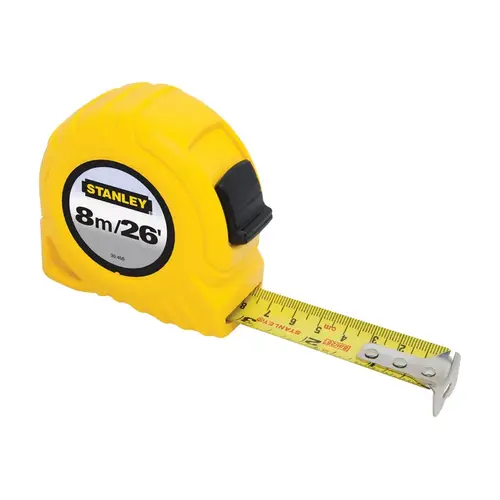 Measuring Tape, 26 ft L Blade, 1 in W Blade, Steel Blade, ABS Case, Yellow Case Measuring Tape, 26 ft L Blade, 1 in W Blade, Steel Blade, ABS Case, Yellow Case