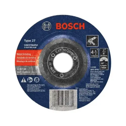 4.5" X 1/4" X 7/8" Metal Type 27 Grinding Wheel