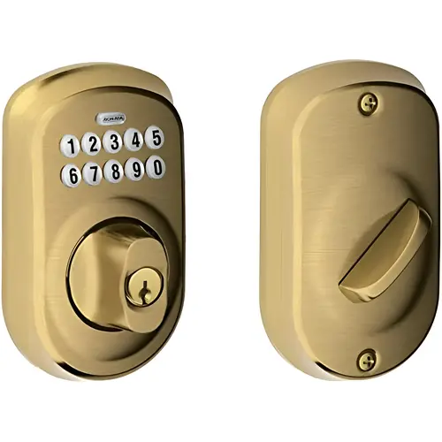 Plymouth Electronic Keypad Deadbolt C Keyway with 12287 Latch and 10116 Strike Antique Brass Finish Plymouth Electronic Keypad Deadbolt C Keyway with 12287 Latch and 10116 Strike Antique Brass Finish