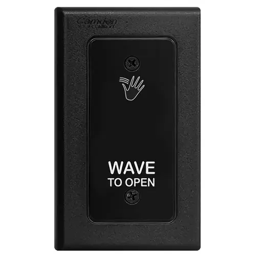 SureWave CM-333 Series Touchless Switch, 1" to 12" Range, 1 Relay, Single Gang Hand Icon/'Wave to Open' Text Faceplate, Includes 2 'AA' Lithium Batteries, Black Finish Applied SureWave CM-333 Series Touchless Switch, 1" to 12" Range, 1 Relay, Single Gang Hand Icon/'Wave to Open' Text Faceplate, Includes 2 'AA' Lithium Batteries, Black Finish Applied