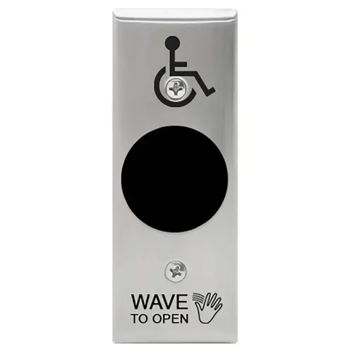 SureWave CM-333 Series Touchless Switch, 1" to 12" Range, 1 Relay, Narrow Stainless Steel Hand Icon/'Wave to Open' Text/Wheelchair Symbol Faceplate, Includes 2 'AA' Lithium Batteries, Stainless Steel Finish Applied SureWave CM-333 Series Touchless Switch, 1" to 12" Range, 1 Relay, Narrow Stainless Steel Hand Icon/'Wave to Open' Text/Wheelchair Symbol Faceplate, Includes 2 'AA' Lithium Batteries, Stainless Steel Finish Applied