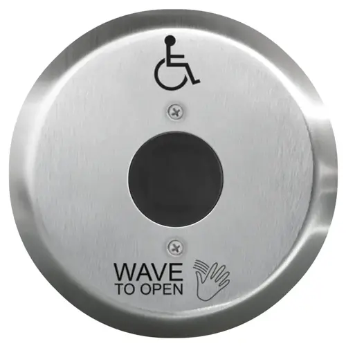 SureWave CM-324 Series Touchless Switch, 1" to 30" Range, 1 Relay, Round 6" Stainless Steel Hand Icon/'Wave to Open' Text/Wheelchair Symbol Faceplate, Black Finish Applied SureWave CM-324 Series Touchless Switch, 1" to 30" Range, 1 Relay, Round 6" Stainless Steel Hand Icon/'Wave to Open' Text/Wheelchair Symbol Faceplate, Black Finish Applied
