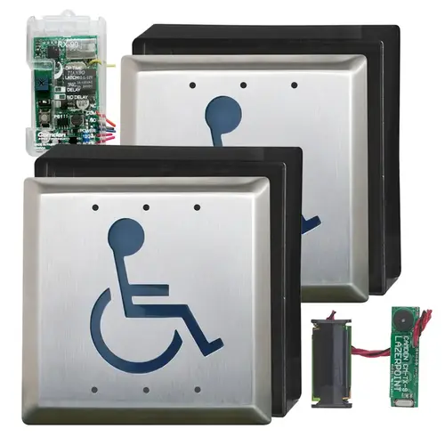 Lazerpoint 915Mhz Switch Kit, (2) CM-45/4 4-1/2" Square Push Plate Switches, (2) CM-43CBL Surface Boxes, (2) CM-TX-9 Wall Switch Transmitter, (1) CM-RX-90 Advanced Receiver Lazerpoint 915Mhz Switch Kit, (2) CM-45/4 4-1/2" Square Push Plate Switches, (2) CM-43CBL Surface Boxes, (2) CM-TX-9 Wall Switch Transmitter, (1) CM-RX-90 Advanced Receiver