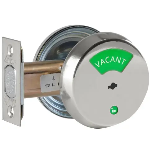 Grade 2 Indicator Deadlock, Red/White "Vacant/Occupied" Indicator Outside, Non-keyed, Bright Chrome Finish, Field Reversible Bright Chrome