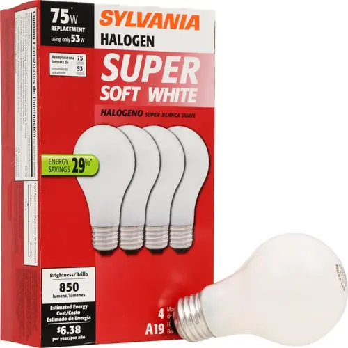 BULB HALOGEN A19 SFT WHITE 53W Frosted - pack of 4