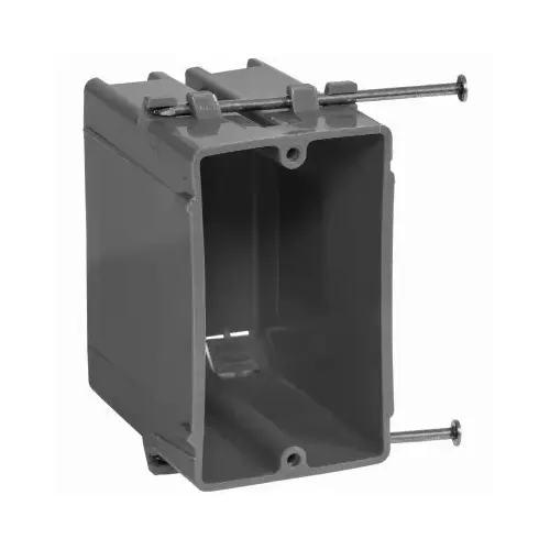 Switch/Outlet Box, Standard Outlet, 1-Gang, 4-Knockout, PVC, Gray, In-Wall, Nail Mounting