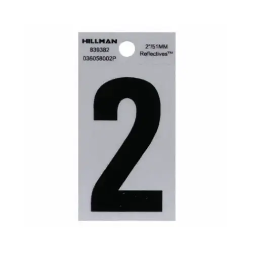 Adhesive House Address Number 2, Reflective Vinyl, Black and Silver, 2 In. Adhesive House Address Number 2, Reflective Vinyl, Black and Silver, 2 In.