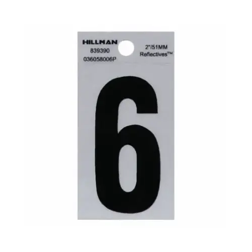 Adhesive House Address Number 6, Reflective Vinyl, Black and Silver, 2 In. Adhesive House Address Number 6, Reflective Vinyl, Black and Silver, 2 In.