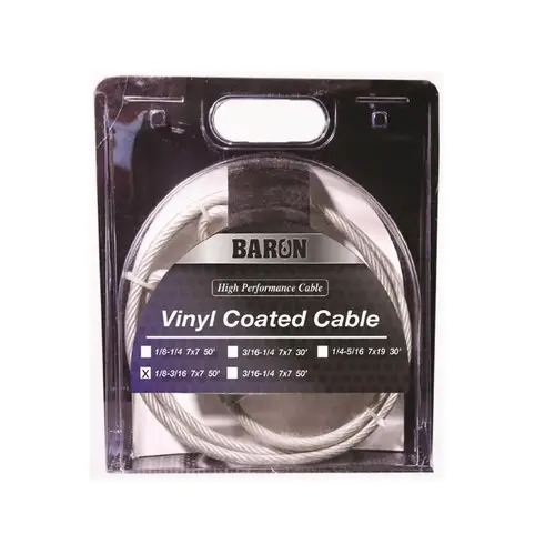 50201/50210 Aircraft Cable, 1/8 to 3/16 in Dia, 50 ft L, 340 lb Working Load, Galvanized Steel Vinyl Coated 50201/50210 Aircraft Cable, 1/8 to 3/16 in Dia, 50 ft L, 340 lb Working Load, Galvanized Steel Vinyl Coated