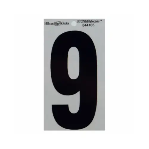 Adhesive House Address Number 9, Reflective Vinyl, Black and Silver, 5 In. Adhesive House Address Number 9, Reflective Vinyl, Black and Silver, 5 In.