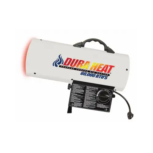 Forced Air Heater, 20 lb Fuel Tank, Liquid Propane, 30000/40000/60000 Btu, 99 % Efficiency White Forced Air Heater, 20 lb Fuel Tank, Liquid Propane, 30000/40000/60000 Btu, 99 % Efficiency White