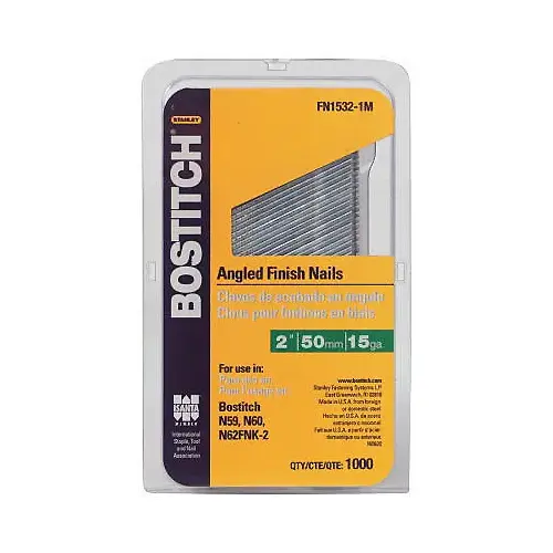 Finish Nail, 2 in L, 15 ga Gauge, Steel, Bright, Flat Head, Smooth Shank - pack of 1000 Finish Nail, 2 in L, 15 ga Gauge, Steel, Bright, Flat Head, Smooth Shank - pack of 1000