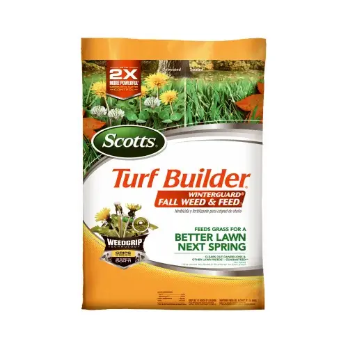 Turf Builder WinterGuard Fall Weed and Feed, Granule, Spreader Application Bag Gray/Tan Turf Builder WinterGuard Fall Weed and Feed, Granule, Spreader Application Bag Gray/Tan