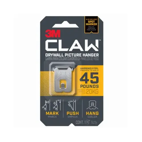 CLAW Drywall Picture Hanger, 45 lb, Steel, Push-In Mounting Silver CLAW Drywall Picture Hanger, 45 lb, Steel, Push-In Mounting Silver