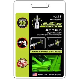 WallClaw Anchors PCK-WC25-YS Wallboard Anchors .25" D X 2" L Plastic/Steel Pan Head Green