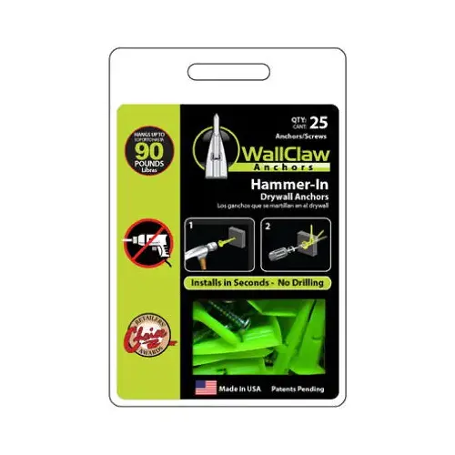 Wallboard Anchors .25" D X 2" L Plastic/Steel Pan Head Green