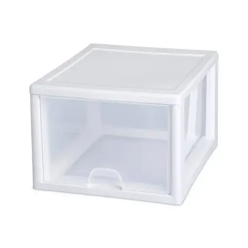 Stackable Drawer, 27 qt Capacity, 1-Drawer, Plastic, 14-3/8 in OAW, 17 in OAH, 10-1/4 in OAD Clear/White