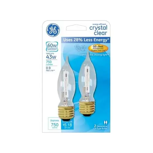 Halogen Bulb 43 W A19 Decorative 750 lm White Clea - 2 per pack x4 packs Halogen Bulb 43 W A19 Decorative 750 lm White Clea - 2 per pack x4 packs