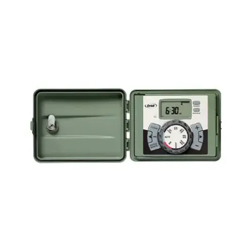 Indoor/Outdoor Timer, 120 V, 9 -Zone, 3 -Program, 99 min Cycle, LCD Display, Plug-and-Go Mounting Green Indoor/Outdoor Timer, 120 V, 9 -Zone, 3 -Program, 99 min Cycle, LCD Display, Plug-and-Go Mounting Green