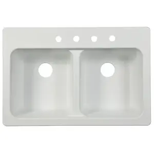 KINDRED FTW904BX Kitchen Sink, 4-Deck Hole, 33 in OAW, 22 in OAH, 9 in OAD, Tectonite, White, Top Mounting