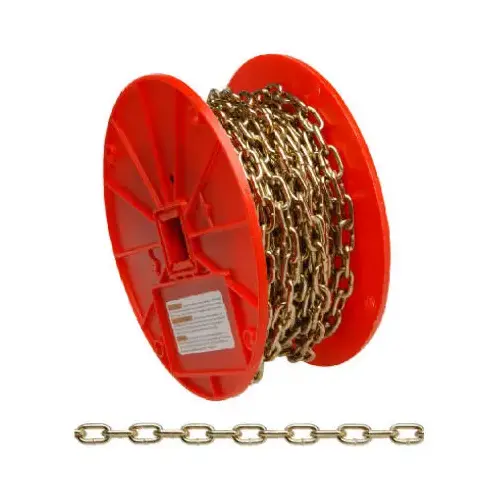 0723367 Straight Link Coil Chain, #3, 50 ft L, 270 lb Working Load, Steel, Brass 0723367 Straight Link Coil Chain, #3, 50 ft L, 270 lb Working Load, Steel, Brass