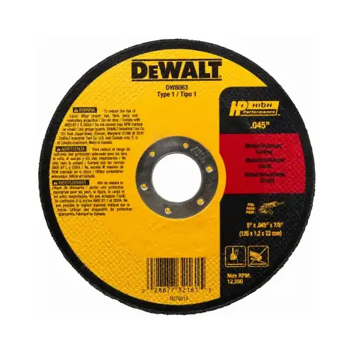 Cutting Wheel, 5 in Dia, 0.045 in Thick, 7/8 in Arbor, 60 Grit, Aluminum Oxide Abrasive Cutting Wheel, 5 in Dia, 0.045 in Thick, 7/8 in Arbor, 60 Grit, Aluminum Oxide Abrasive