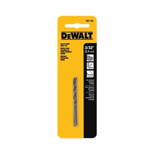 Jobber Drill Bit, 3/32 in Dia, 2-1/4 in OAL, Parabolic Flute, 3/32 in Dia Shank, Round Shank Pair Black Oxide Jobber Drill Bit, 3/32 in Dia, 2-1/4 in OAL, Parabolic Flute, 3/32 in Dia Shank, Round Shank Pair Black Oxide