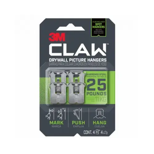 CLAW Drywall Picture Hanger, 25 lb, Steel, Push-In Mounting Silver CLAW Drywall Picture Hanger, 25 lb, Steel, Push-In Mounting Silver