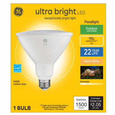 GE Lighting 93128005 Ultra Bright LED Floodlight Bulb, Dimmable, Par38, 17-Watts