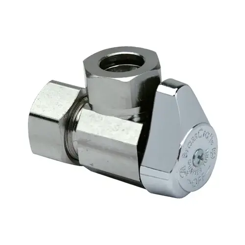 Stop Valve, 1/2 x 7/16 in Connection, Compression x Compression, 125 psi Pressure, Brass Body Chrome Stop Valve, 1/2 x 7/16 in Connection, Compression x Compression, 125 psi Pressure, Brass Body Chrome