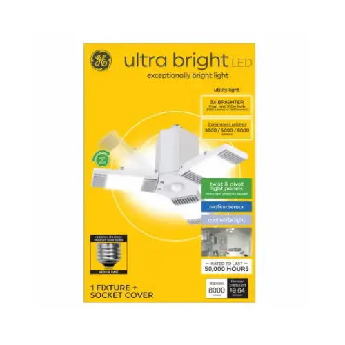 Ultra Bright LED Utility Light Fixture, 3 Twist & Pivot Panels, Medium Base, Motion Sensor, Cool White, 3 Settings Ultra Bright LED Utility Light Fixture, 3 Twist & Pivot Panels, Medium Base, Motion Sensor, Cool White, 3 Settings