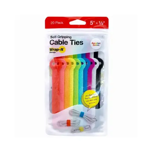 Self-Gripping Cable Ties, Reusable, Multi Color, 1/2 x 5 In pack of 20 Self-Gripping Cable Ties, Reusable, Multi Color, 1/2 x 5 In pack of 20
