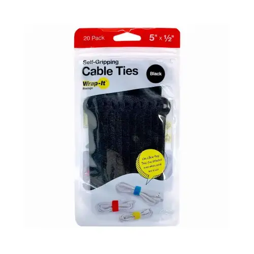 Self-Gripping Cable Ties, Reusable, Black, 1/2 x 5 In pack of 20 Self-Gripping Cable Ties, Reusable, Black, 1/2 x 5 In pack of 20