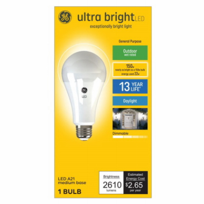 GE Lighting 93129363 Ultra Bright Light Bulb, A21 Lamp, 150 W Equivalent, Medium (E26) Lamp Base, Dimmable, Daylight