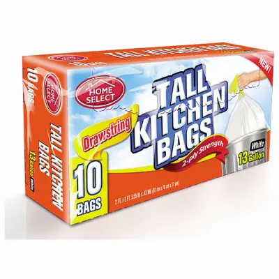 DELTA BRANDS INC. Drawstring Tall Kitchen Trash Bags White 13 Gallons 10-Ct. 10083-24 DELTA BRANDS INC. Drawstring Tall Kitchen Trash Bags White 13 Gallons 10-Ct. 10083-24