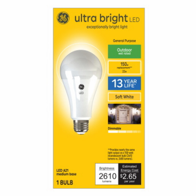 GE Lighting 93129366 Ultra Bright Light Bulb, A23 Lamp, 150 W Equivalent, Medium (E26) Lamp Base, Dimmable, Soft White Light