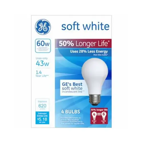 Soft White Halogen Bulb, Long Life, Medium Base, 43-Watts - pack of 4 Soft White Halogen Bulb, Long Life, Medium Base, 43-Watts - pack of 4
