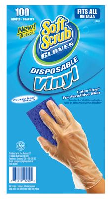 SOFT SCRUB 11200-16 Disposable Vinyl Gloves, Latex & Powder Free, One Size, 100-Ct. Clear