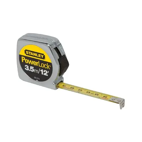Measuring Tape, 12 ft L Blade, 1/2 in W Blade, Steel Blade, Die-Cast Metal Case, Chrome Case