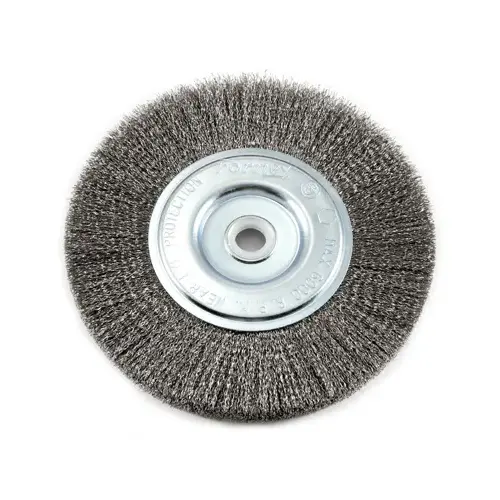 Wire Wheel Brush, 6 in Dia, 1/2 to 5/8 in Arbor/Shank, 0.008 in Dia Bristle Wire Wheel Brush, 6 in Dia, 1/2 to 5/8 in Arbor/Shank, 0.008 in Dia Bristle
