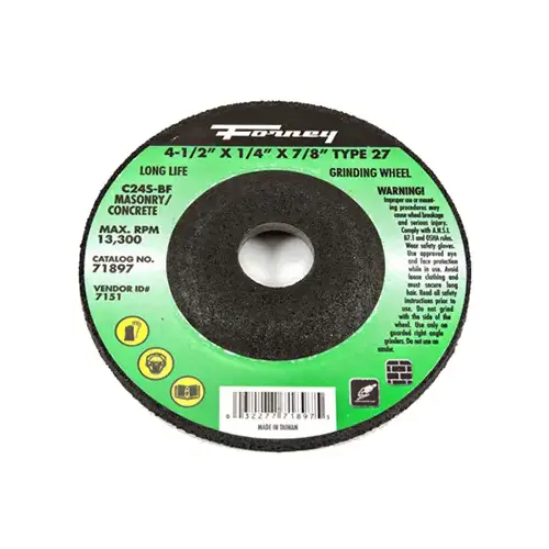 Grinding Wheel, 4-1/2 in Dia, 1/4 in Thick, 7/8 in Arbor, 24 Grit, Coarse, Silicone Carbide Abrasive Grinding Wheel, 4-1/2 in Dia, 1/4 in Thick, 7/8 in Arbor, 24 Grit, Coarse, Silicone Carbide Abrasive
