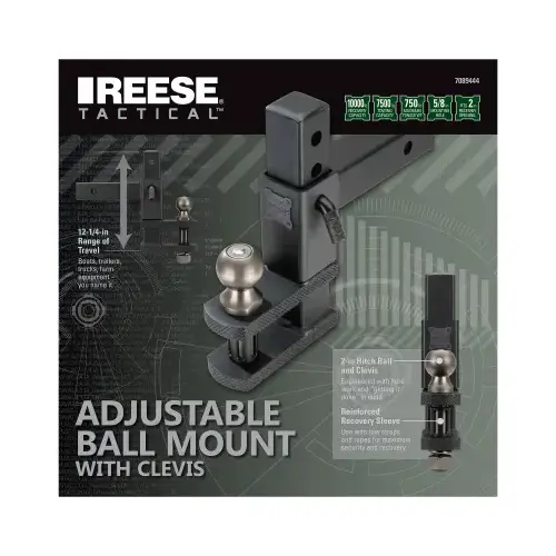 Tactical Adjustable Ball Mount with Clevis, 2 in, 2-5/16 in Dia Hitch Ball, Steel Black Tactical Adjustable Ball Mount with Clevis, 2 in, 2-5/16 in Dia Hitch Ball, Steel Black