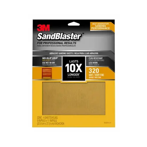 SandBlaster Series Sandpaper, 11 in L, 9 in W, 320 Grit, Very Fine, Aluminum Oxide Abrasive - pack of 4 SandBlaster Series Sandpaper, 11 in L, 9 in W, 320 Grit, Very Fine, Aluminum Oxide Abrasive - pack of 4