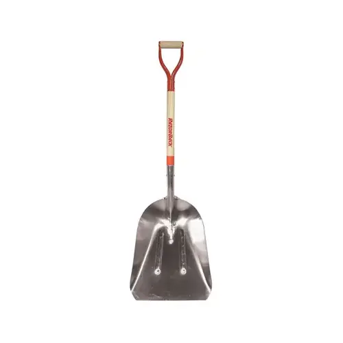 Scoop Shovel, 15-1/4 in W Blade, 19-3/4 in L Blade, Aluminum Blade, Hardwood Handle, D-Shaped Handle Brown/Silver Scoop Shovel, 15-1/4 in W Blade, 19-3/4 in L Blade, Aluminum Blade, Hardwood Handle, D-Shaped Handle Brown/Silver