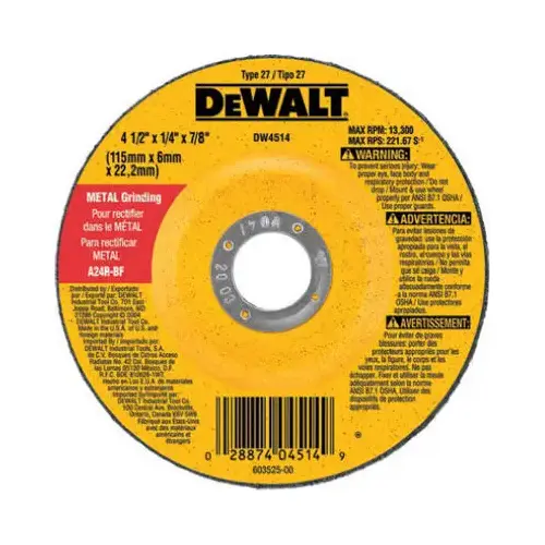 Type 27 Grinding Wheel, 4-1/2 in dia, 7/8 in Arbor, 13300 RPM, 24 Grit - pack of 25 Type 27 Grinding Wheel, 4-1/2 in dia, 7/8 in Arbor, 13300 RPM, 24 Grit - pack of 25