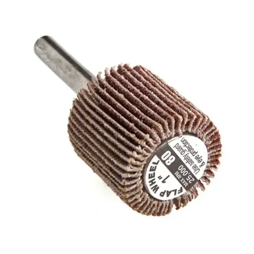 Flap Wheel, 1 in Dia, 1 in Thick, 1/4 in Arbor, 80 Grit, Aluminum Oxide Abrasive Flap Wheel, 1 in Dia, 1 in Thick, 1/4 in Arbor, 80 Grit, Aluminum Oxide Abrasive