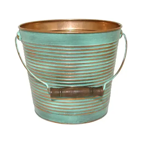 Planter With Handle, Vintage Copper Ribbed Metal, 10 In.