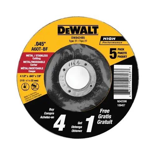 Metal Cutting Wheel, .045 x 7/8 x 4-1/2 In pack of 5 Metal Cutting Wheel, .045 x 7/8 x 4-1/2 In pack of 5