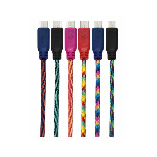 USB Charging Cable, Nylon Sheath, Assorted Sheath, 10 ft L